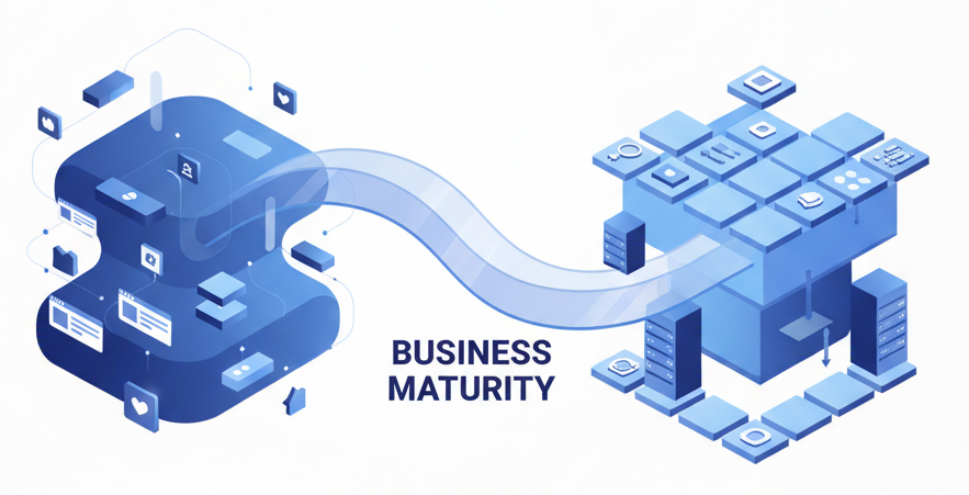 Two connected structures representing business maturity, digital transformation, and seamless website architecture evolution.