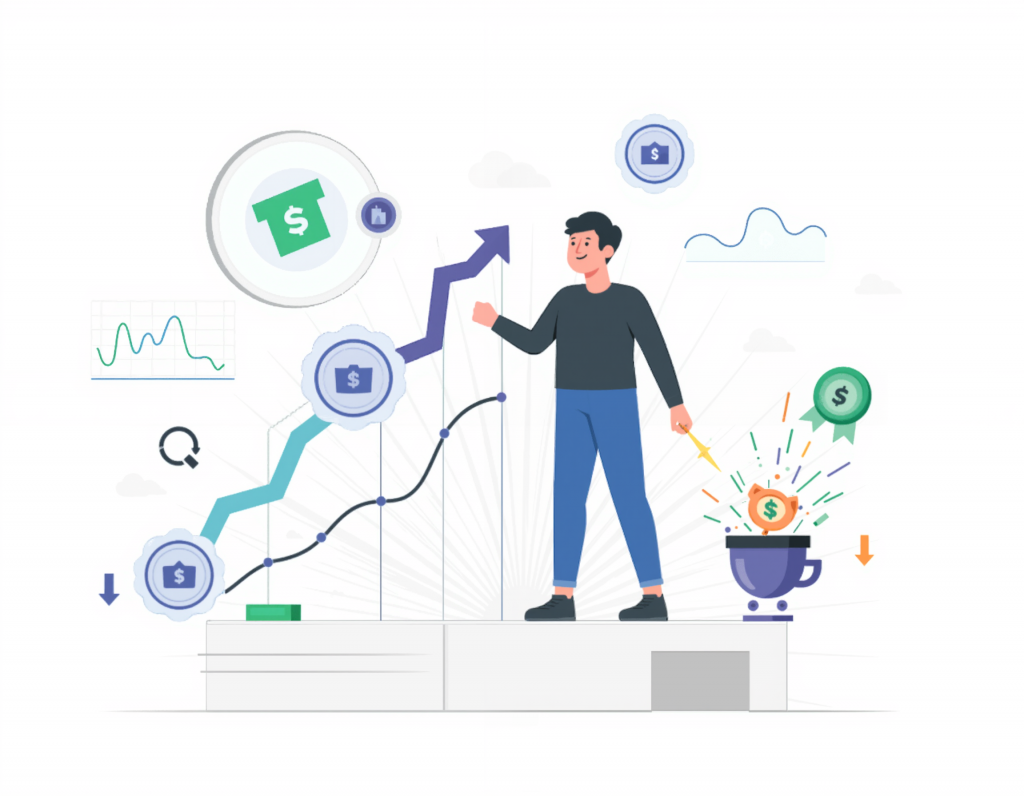 Person on podium with rising graphs, currency symbols, and financial icons representing growth through gamified investing.