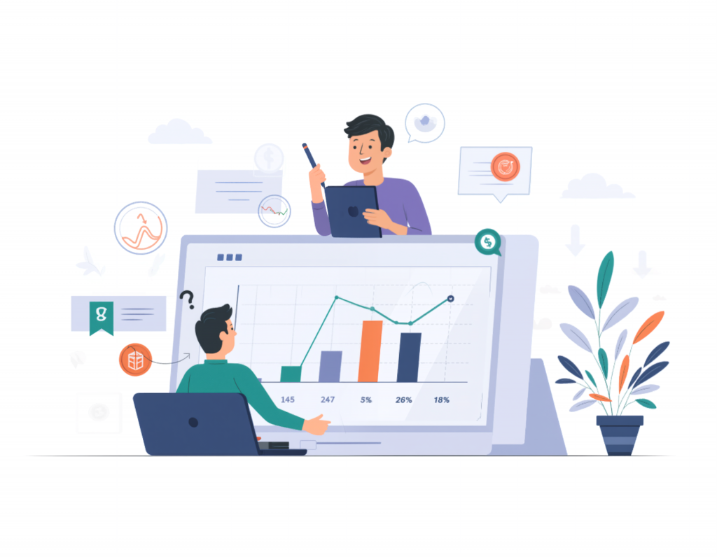 Two people review a large data graph on screen with laptops, data icons, and a potted plant nearby.