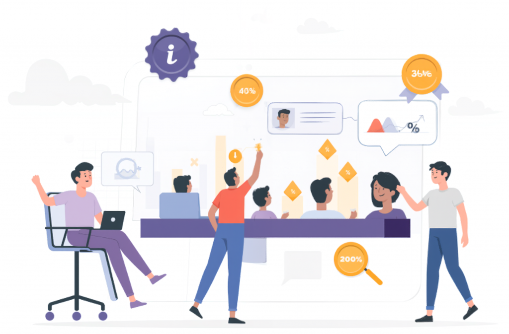 Team members working together in an office, analyzing charts and graphs to improve engagement through gamification.