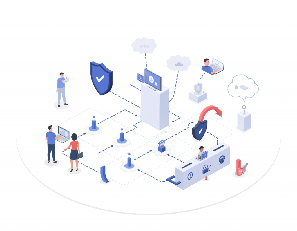 People using computers with security symbols, gamification features, cloud storage, and network connections for cybersecurity.