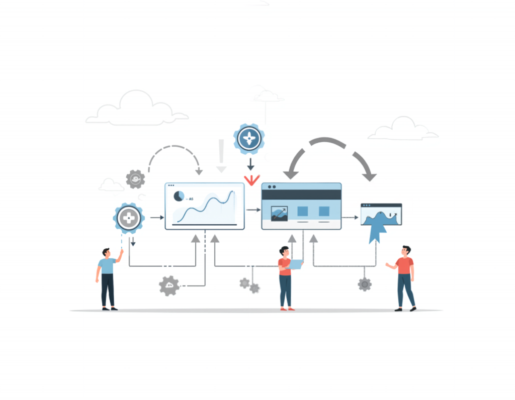 Three team members analyze data and manage workflow, connected by arrows and gears for automation and engagement.