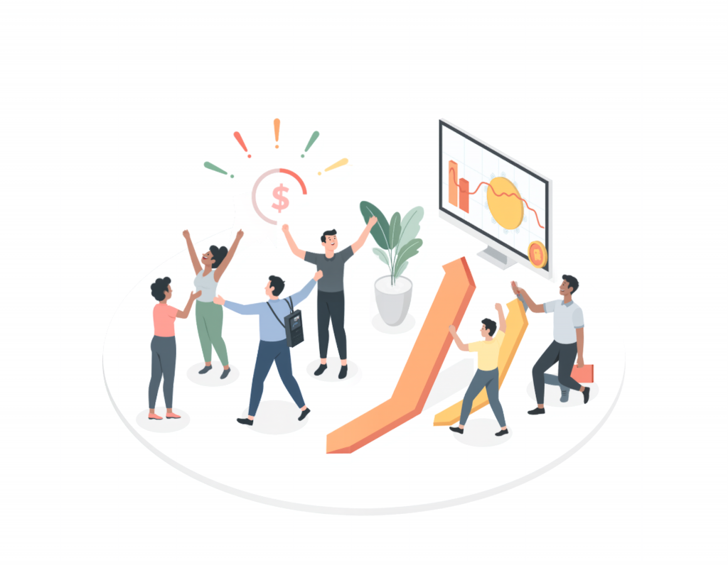 Five people collaborate with upward arrows and a large screen of graphs, representing financial growth.