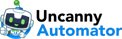 Robot with green eyes and a bowtie beside the words Uncanny Automator on a white background.