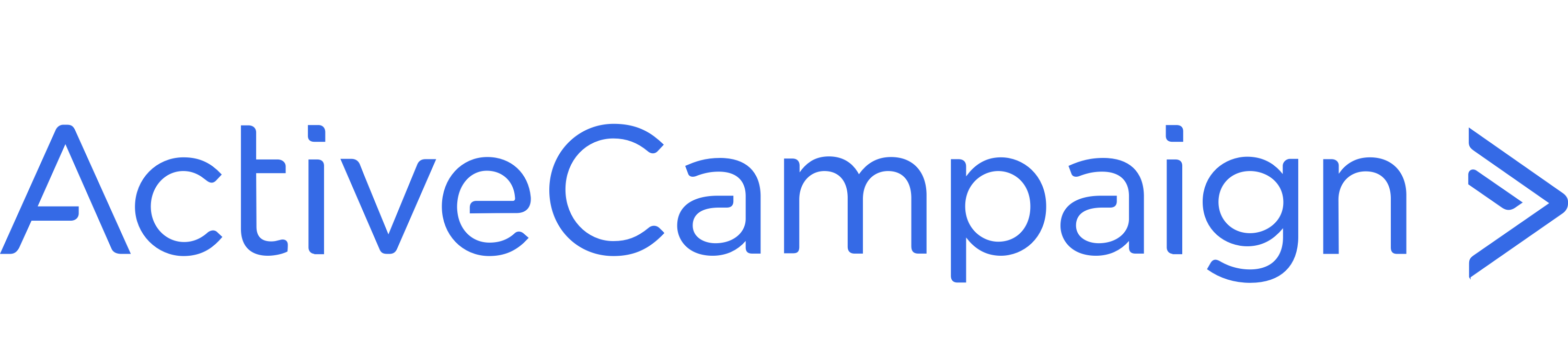 ActiveCampaign logo with a right-pointing arrow symbol at the end on a plain background.
